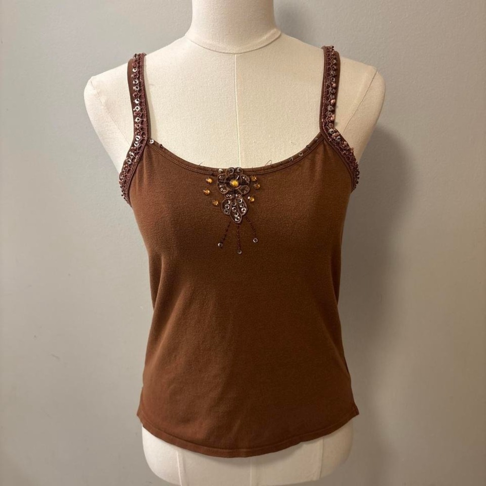 Y2K Reference Point Brown Beaded Tank Top Size Women's Small
